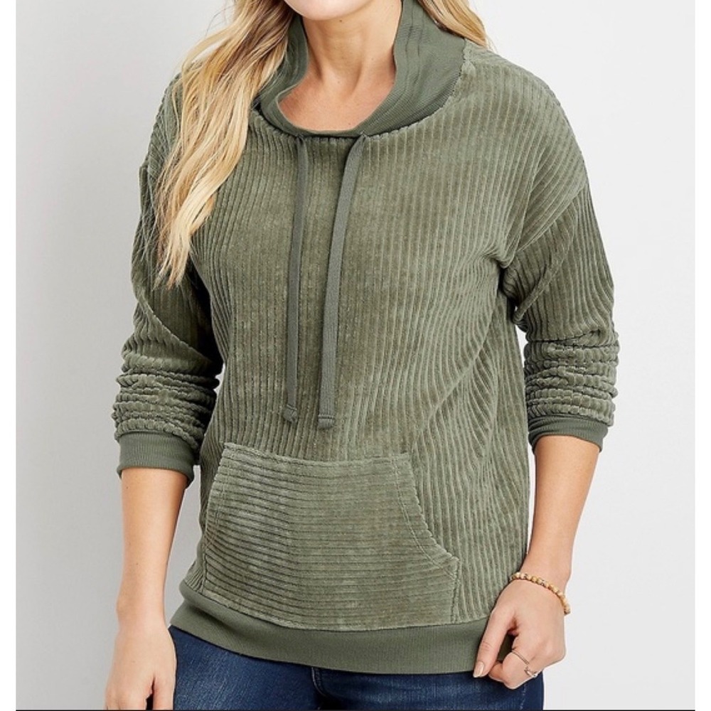 Maurice's Women's Green Corduroy Mock Neck Pocket Hoodie‎ XL kangaroo style